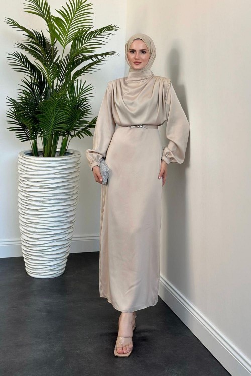 Antonella Zincir Kemer Saten Abiye Krem