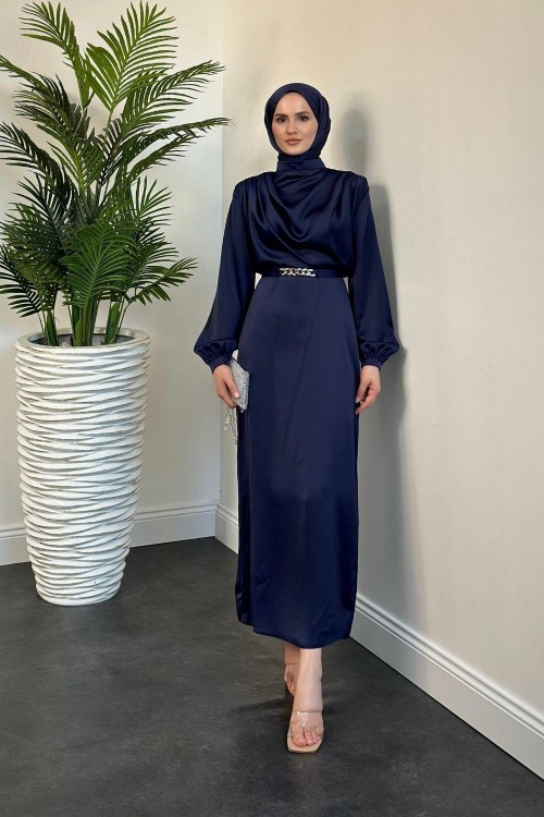 Antonella Zincir Kemer Saten Abiye Lacivert