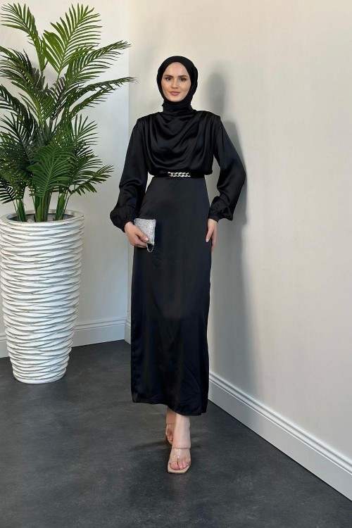 Antonella Zincir Kemer Saten Abiye Siyah