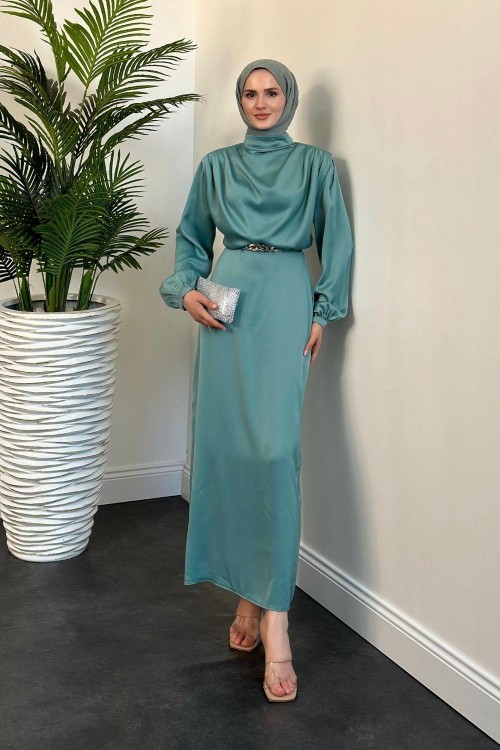 Antonella Zincir Kemer Saten Abiye Su Yeşili