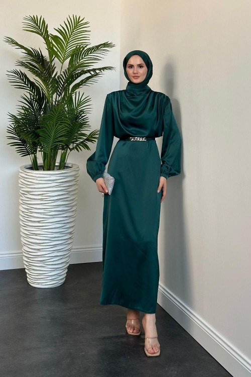 Antonella Zincir Kemer Saten Abiye Zümrüt