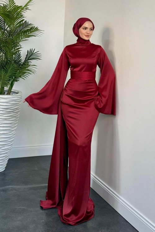 Arabella Pelerinli Saten Balık Abiye Bordo