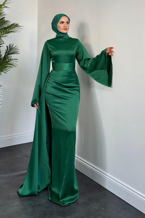 Arabella Pelerinli Saten Balık Abiye Çimen Yeşili