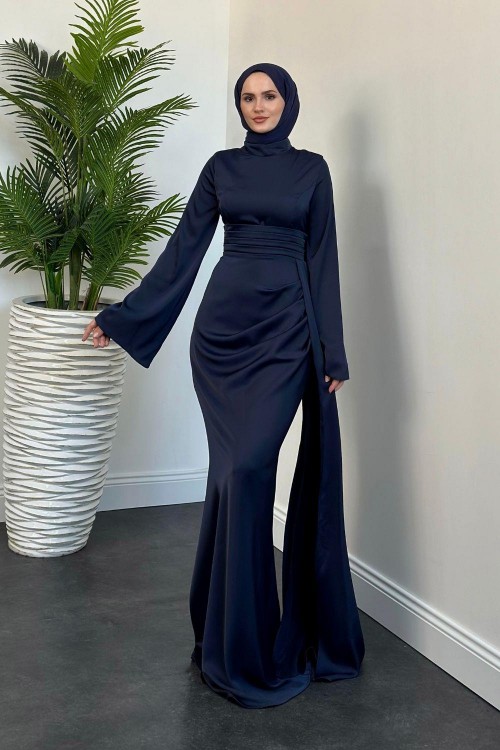 Arabella Pelerinli Saten Balık Abiye Lacivert