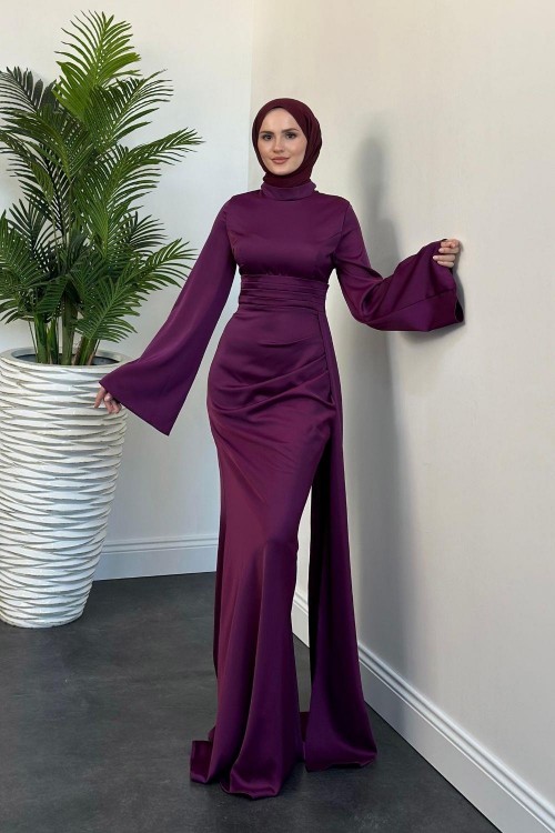 Arabella Pelerinli Saten Balık Abiye Mürdüm