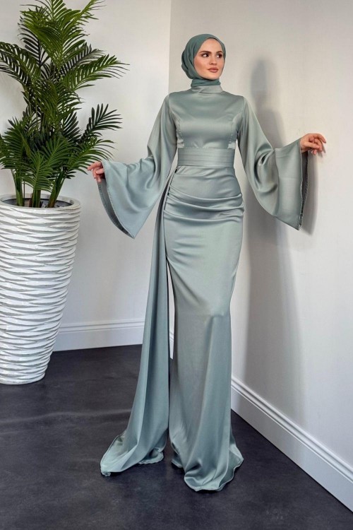 Arabella Pelerinli Saten Balık Abiye Mint