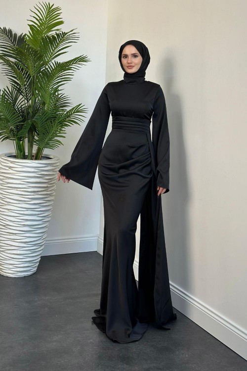 Arabella Pelerinli Saten Balık Abiye Siyah