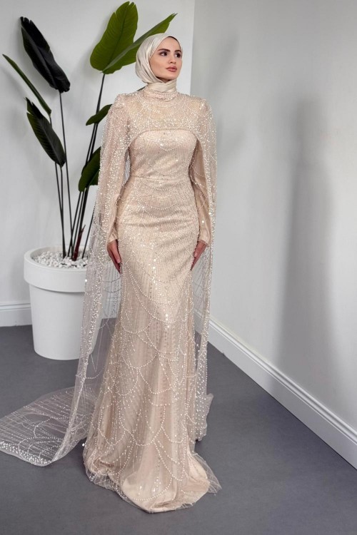 Ardina Pelerinli Boncuk İşlemeli Balık Abiye Krem