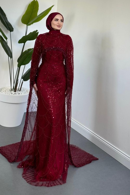 Ardina Pelerinli Boncuk İşlemeli Balık Abiye Bordo