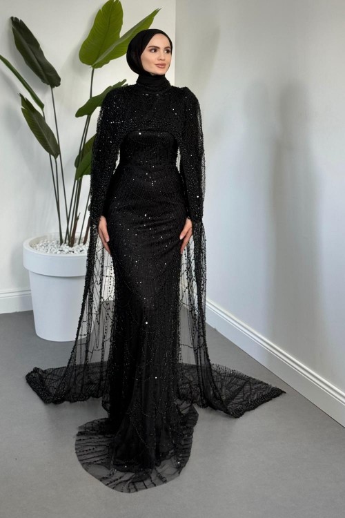 Ardina Pelerinli Boncuk İşlemeli Balık Abiye Siyah