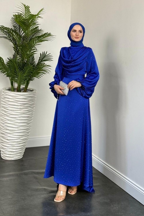 Areka Taşlı Kuyruklu Degaje Yaka Abiye Sax