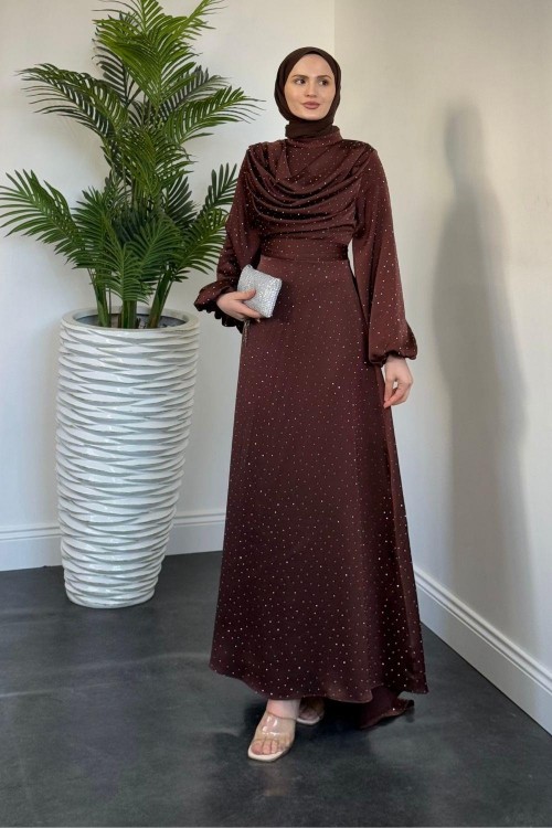 Areka Taşlı Kuyruklu Degaje Yaka Abiye Kahverengi