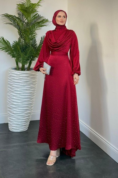 Areka Taşlı Kuyruklu Degaje Yaka Abiye Bordo