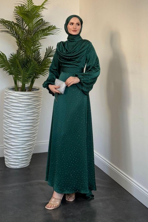 Areka Taşlı Kuyruklu Degaje Yaka Abiye Zümrüt