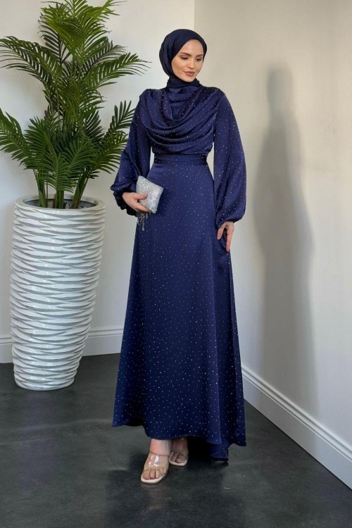 Areka Taşlı Kuyruklu Degaje Yaka Abiye Lacivert