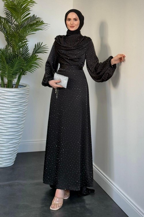 Areka Taşlı Kuyruklu Degaje Yaka Abiye Siyah