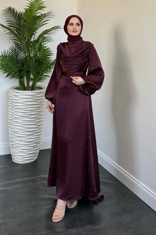 Areka Taşlı Kuyruklu Degaje Yaka Abiye Mürdüm