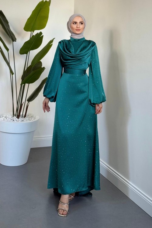 Areka Taşlı Kuyruklu Degaje Yaka Abiye Petrol Yeşili