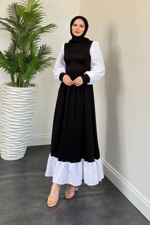 Aria Eteği Fırfırlı Elbise Siyah