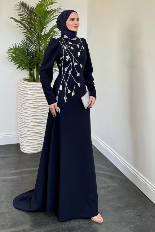 Arinya Yandan Taşlı Kuyruklu Abiye Lacivert