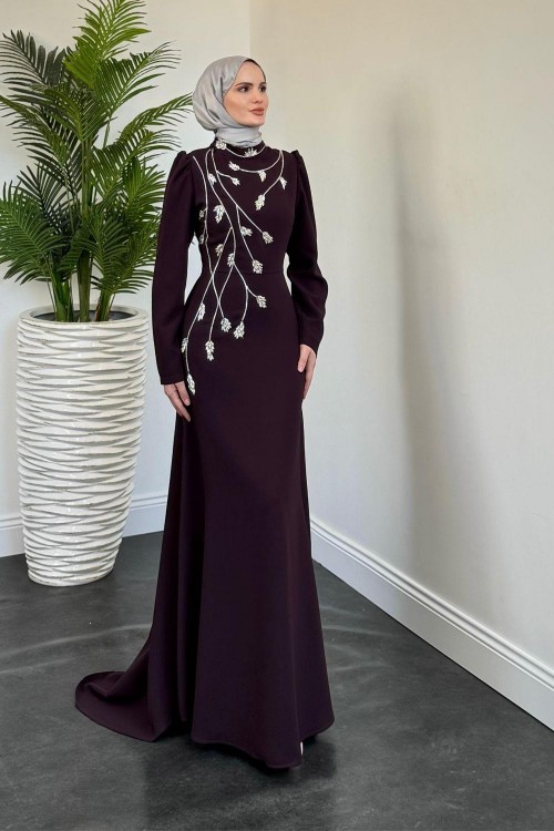 Arinya Yandan Taşlı Kuyruklu Abiye Mürdüm