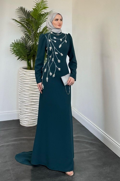 Arinya Yandan Taşlı Kuyruklu Abiye Petrol Yeşili