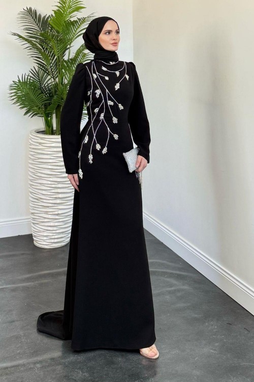Arinya Yandan Taşlı Kuyruklu Abiye Siyah