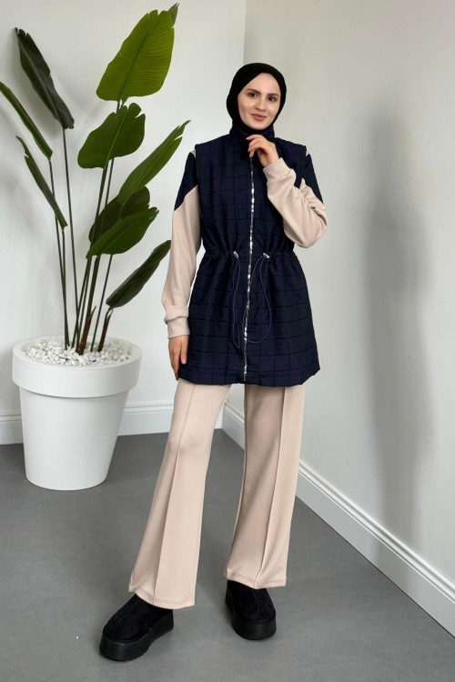 Armoni Kapitone Yelekli 3'lü Takım Lacivert