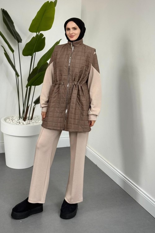 Armoni Kapitone Yelekli 3'lü Takım Vizon