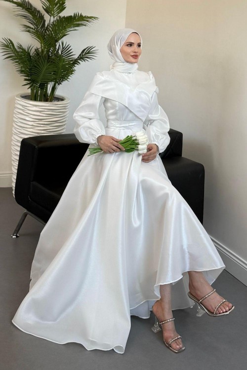 Arvia Üstü Volan Balon Kol Abiye Beyaz