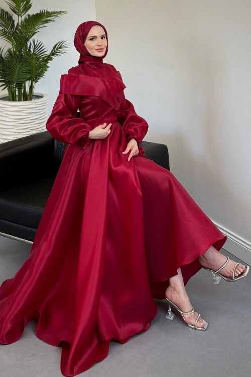 Arvia Üstü Volan Balon Kol Abiye Bordo