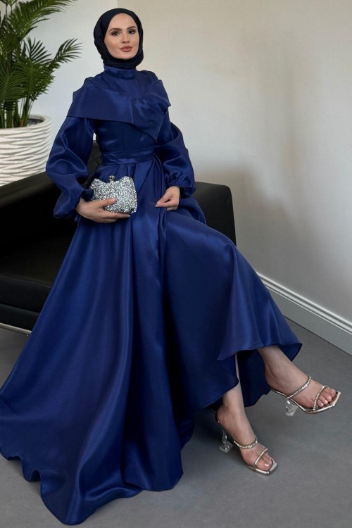 Arvia Üstü Volan Balon Kol Abiye Lacivert