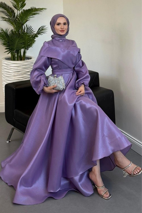 Arvia Üstü Volan Balon Kol Abiye Lila