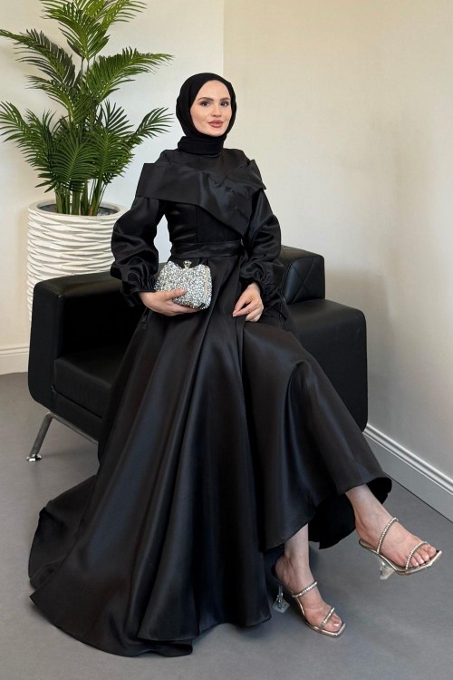 Arvia Üstü Volan Balon Kol Abiye Siyah