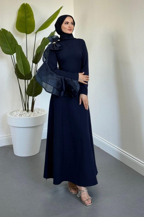 Asel Fiyonk Detaylı Krep Abiye Lacivert