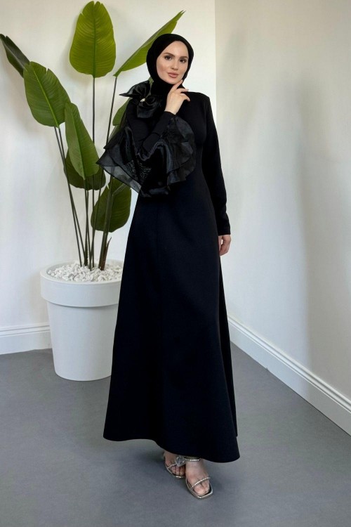 Asel Fiyonk Detaylı Krep Abiye Siyah