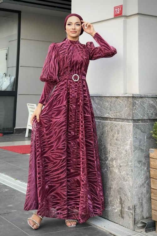 Asena Karpuz Kol Abiye Fuşya