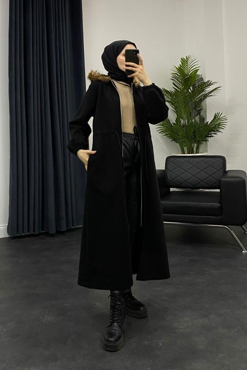 Asta Kürklü Kaşe Kaban Siyah