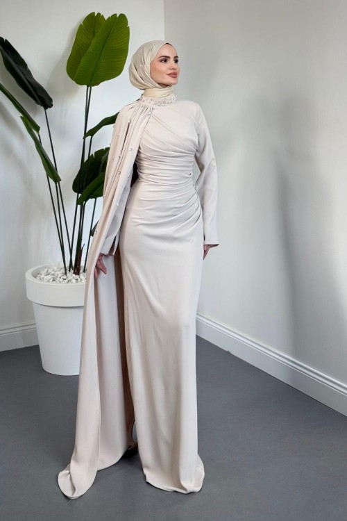 Astana Yandan Taşlı Abiye Krem