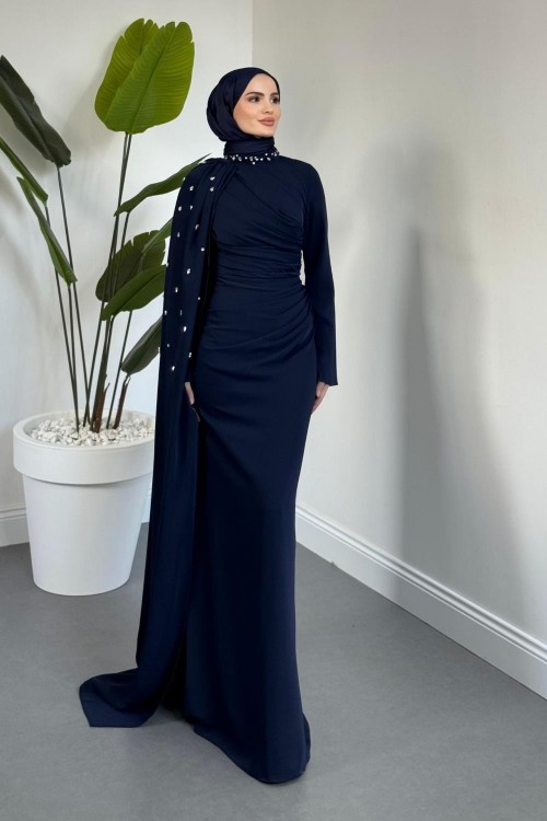 Astana Yandan Taşlı Abiye Lacivert