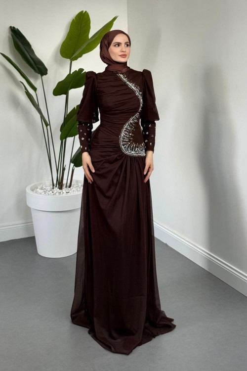 Aveline Yandan Taşlı Tül Abiye Acı Kahve