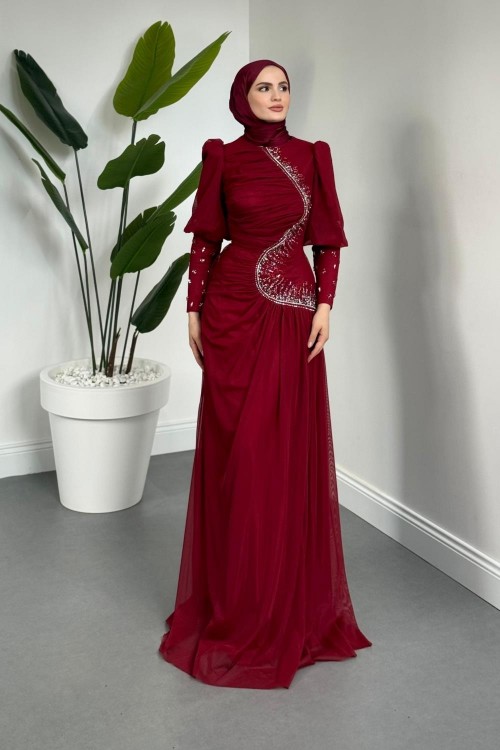 Aveline Yandan Taşlı Tül Abiye Bordo