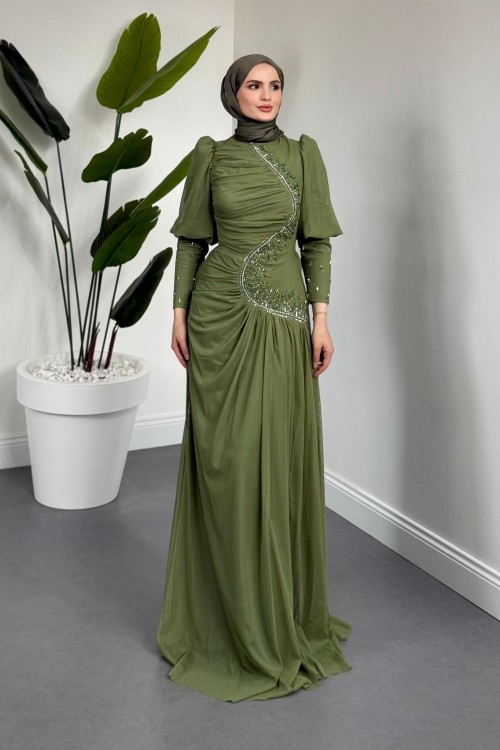 Aveline Yandan Taşlı Tül Abiye Haki