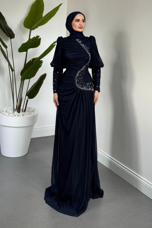 Aveline Yandan Taşlı Tül Abiye Lacivert