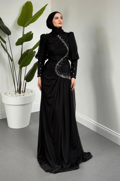 Aveline Yandan Taşlı Tül Abiye Siyah