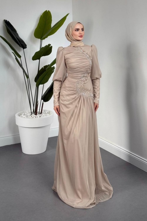 Aveline Yandan Taşlı Tül Abiye Sütlü Kahve