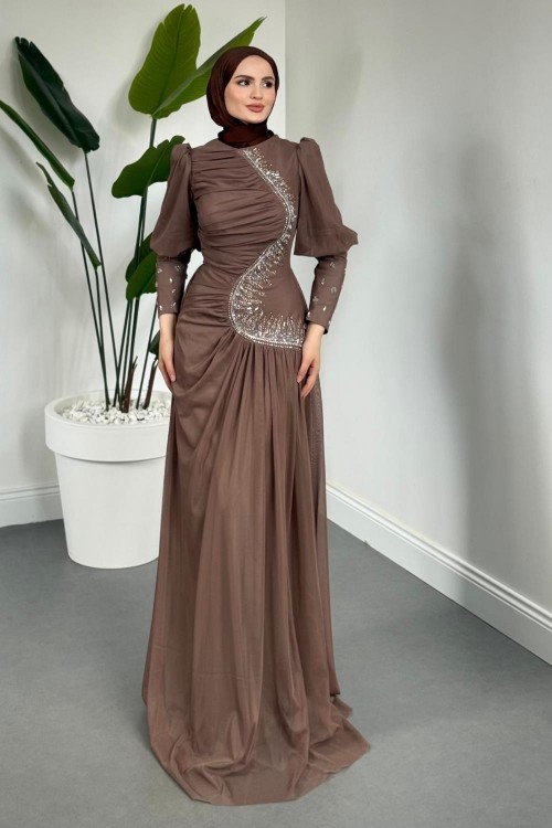 Aveline Yandan Taşlı Tül Abiye Vizon