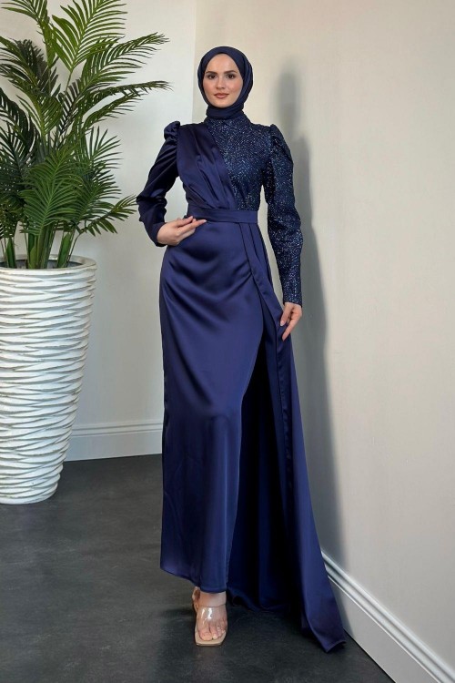 Axel Yandan Pelerinli Payetli Abiye Lacivert
