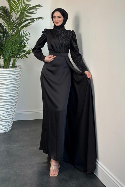 Axel Yandan Pelerinli Payetli Abiye Siyah
