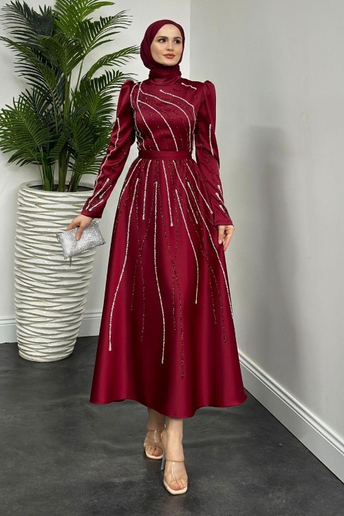 Azelea Saten Taşlı Abiye Bordo